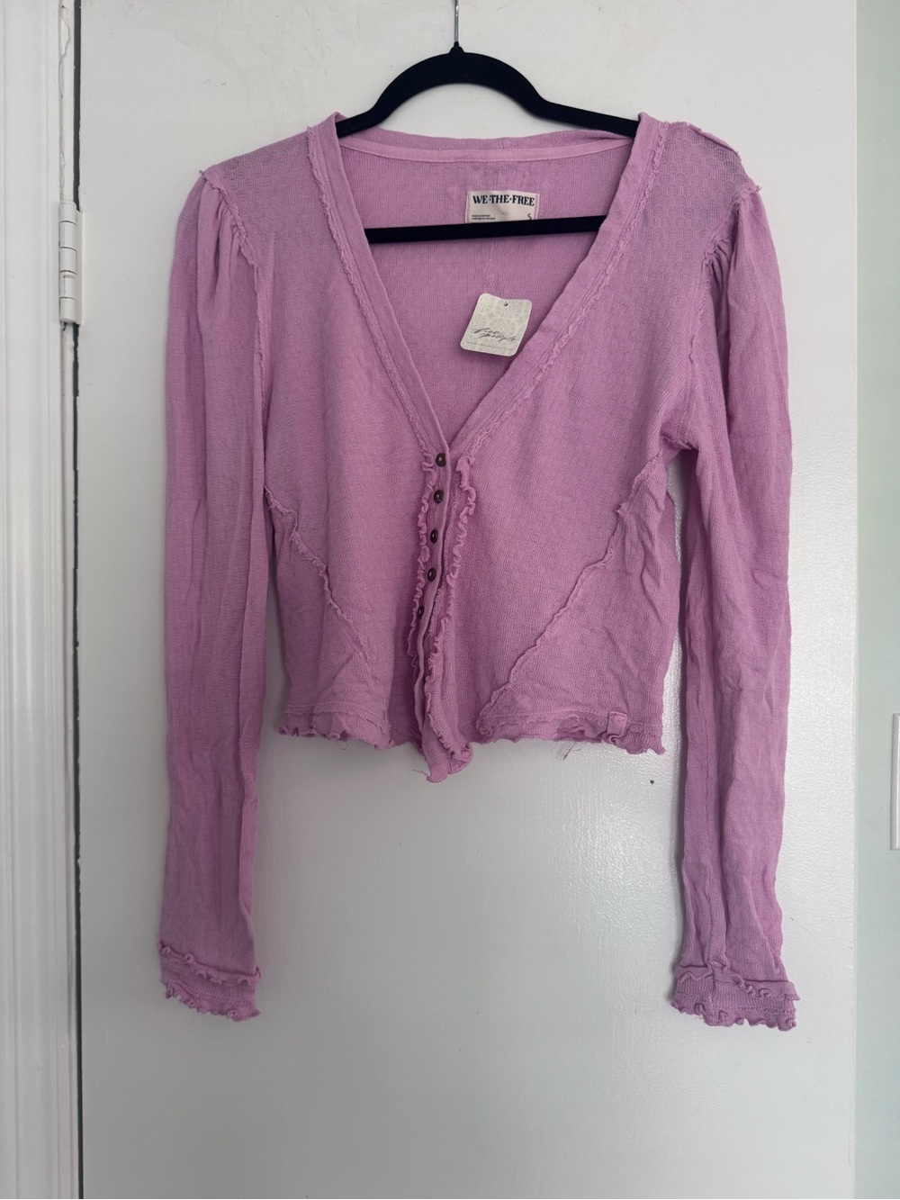 We The Free Lilac Ruffle-Trim V-Neck Button Cardigan